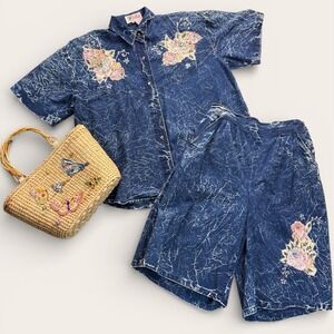 Pret Vintage 2 Piece Set Womens L Blue Acid Wash Floral Embroidered Shorts Shirt